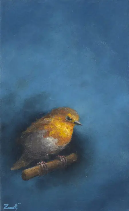 Marc van der Zwet, Zoekend Roodborst op takje, 300 euro, Oil on oak panel in frame, 8,3x13,3 cm