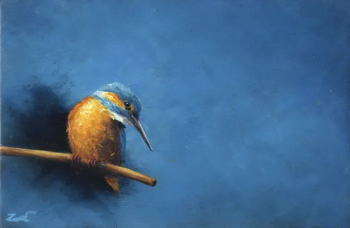 Marc van der Zwet, Zoekende ijsvogel, 320 euro, Oil on panel in frame, 14,7x9,7 cm