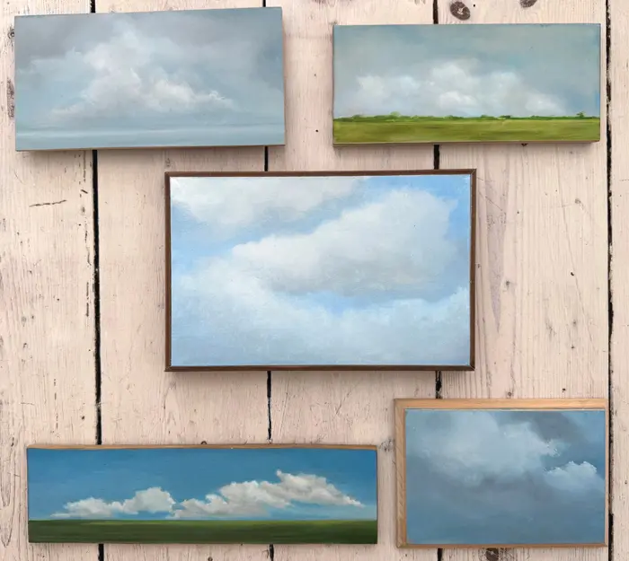 Marcel van Pinxteren, vijf Wolken allemaal 150 euro, Oil on panel, unframed, various sizes