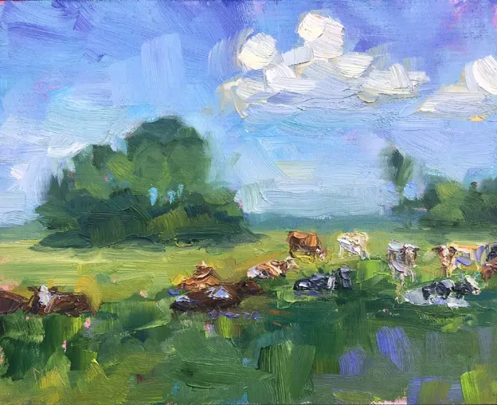 Marieke Ackerman, Cows and light, 425 euro, Oil on painting panel in wooden frame, 24x30 cm