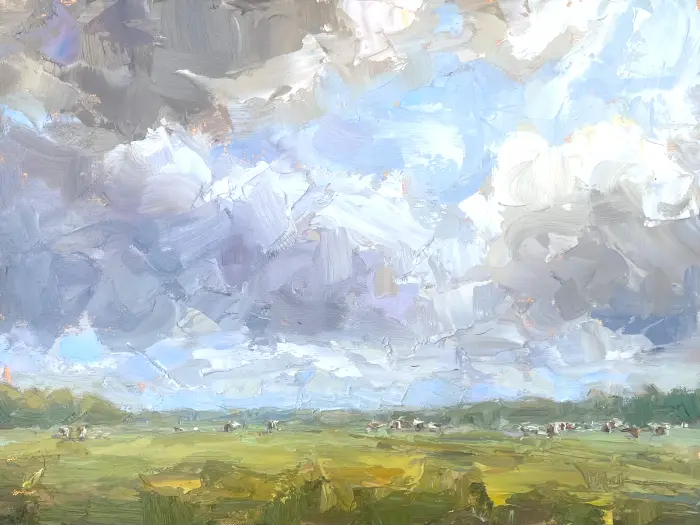 Marieke Ackerman, Dreigende wolken, 600 euro, Oil on panel in wooden frame, 30x40 cm