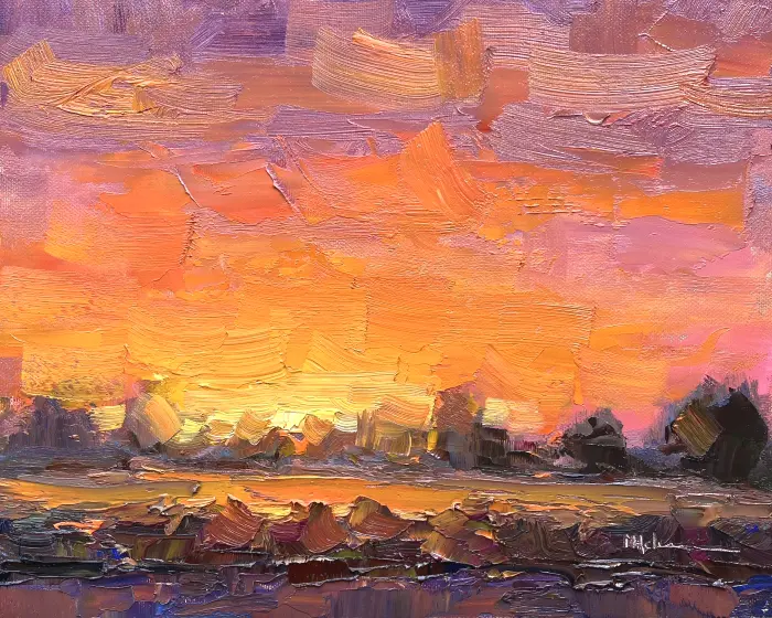 Marieke Ackerman, Feestelijke zonsondergang, 425 euro, Oil on panel in wooden frame, 24x30 cm