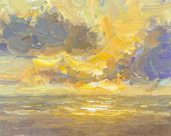 Marieke Ackerman, Gouden zonsondergang, 425 euro, Oil on panel in natural wooden frame, 24x30 cm