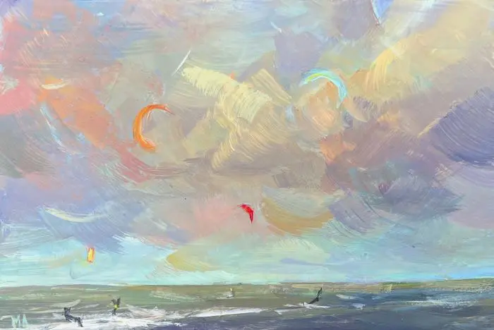 Marieke Ackerman, Grijze lucht in kleur, 100 euro, Acrylic on panel in wooden frame, 10x15 cm