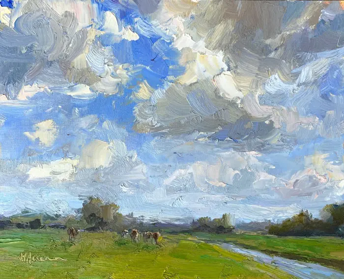 Marieke Ackerman, Heerlijke Wolkenvelden, 425 euro, Oil on panel in wooden frame, 24x30 cm