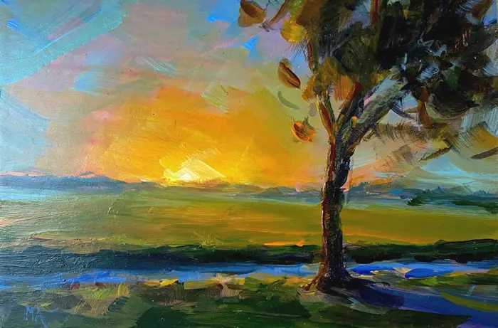 Marieke Ackerman, Herfststudie zonsopkomst, 100 euro, Acrylic on panel in wooden frame, 10x15 cm