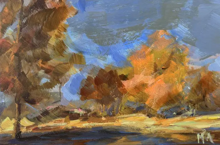 Marieke Ackerman, Herfststudie, 125 euro, Acrylic on panel in wooden frame, 10x15 cm