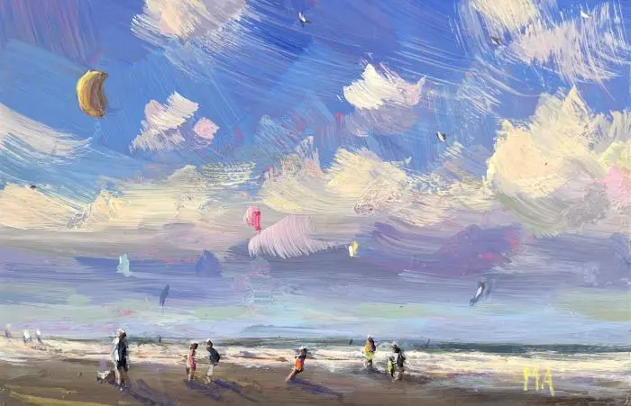 Marieke Ackerman, Kiten aan zee, 100 euro, Acrylic on panel in wooden frame, 10x15 cm