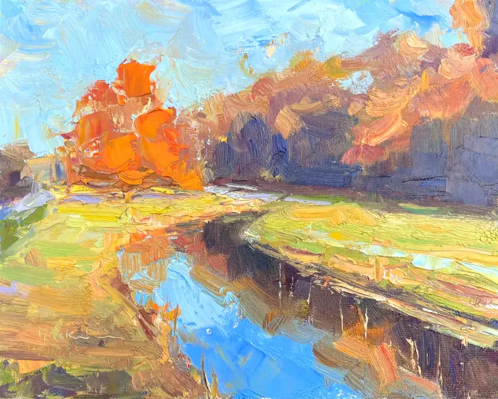 Marieke Ackerman, Knallende herfstkleuren, 425 euro, Oil on panel in wooden frame, 24x30 cm