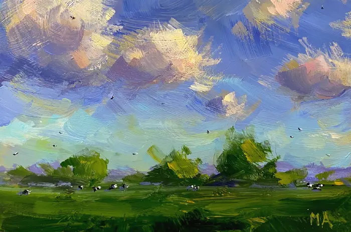 Marieke Ackerman, Koeien in de zomer, 125 euro, Acrylic on panel in wooden frame, 10x15 cm