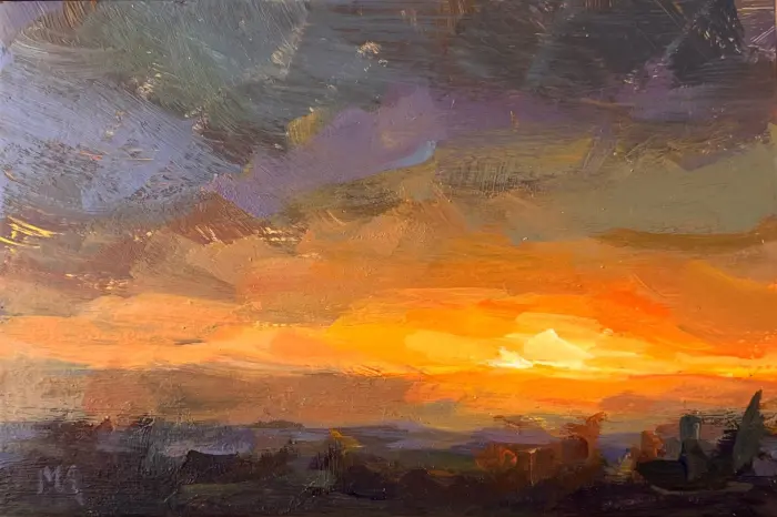 Marieke Ackerman, Krachtige zonsondergang, 125 euro, Acrylic on panel in wooden frame, 10x15 cm
