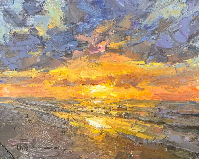 Marieke Ackerman, Krachtige zonsondergang, 425 euro, Oil on panel in natural wooden frame, 24x30 cm