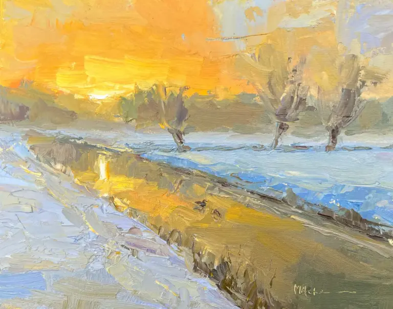 Marieke Ackerman, Magical sunrise, 425 euro, Oil on panel in wooden frame, 24x30 cm