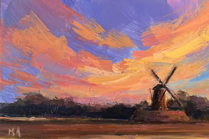 Marieke Ackerman, Molen in avondlicht, 125 euro, Acrylic on panel in wooden frame, 10x15 cm