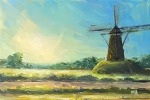 Marieke Ackerman, Molen in ochtendlicht, 125 euro, Acrylic on panel in wooden frame, 10x15 cm