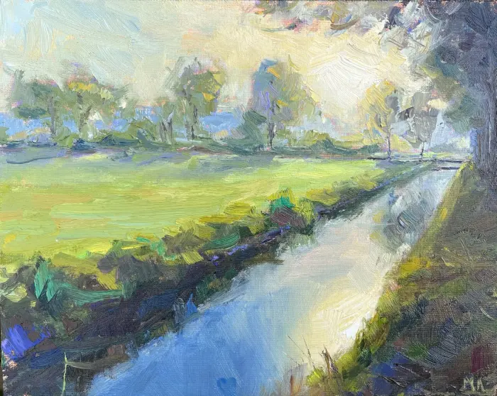 Marieke Ackerman, Ochtendzon, 425 euro, Oil on panel in natural wooden frame, 24x30 cm