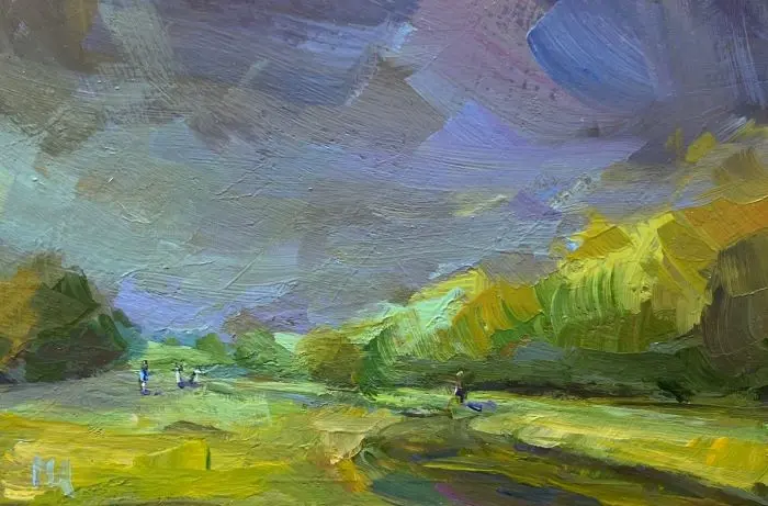 Marieke Ackerman, Onstuimige lucht, 100 euro, Acrylic on panel in wooden frame, 10x15 cm