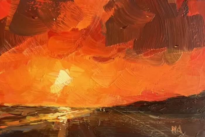 Marieke Ackerman, Oranje licht, 125 euro, Acrylic on panel in wooden frame, 10x15 cm