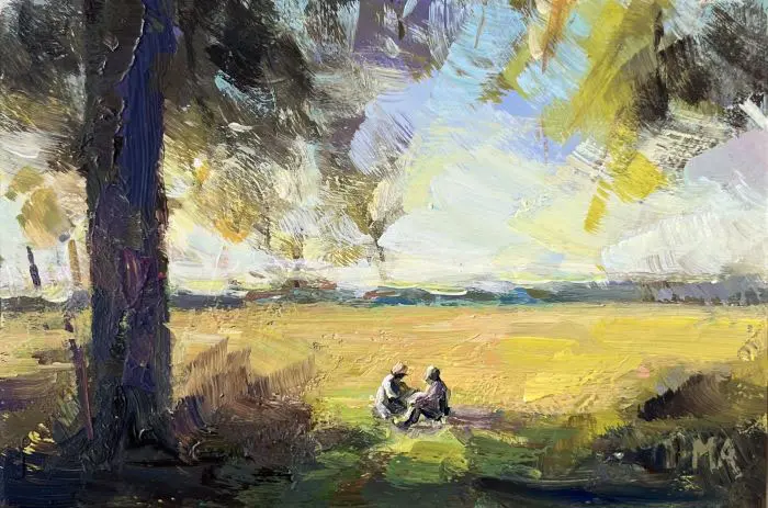 Marieke Ackerman, Picknick, 125 euro, Acrylic on panel in wooden frame, 10x15 cm