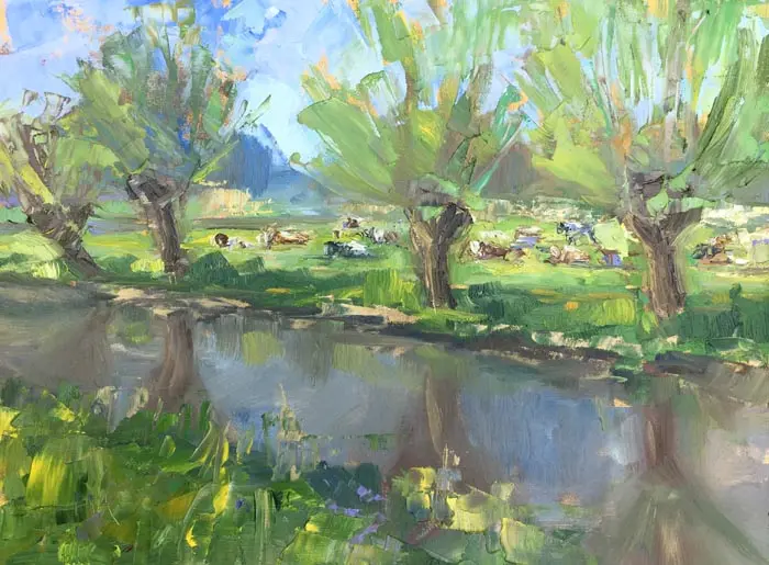 Marieke Ackerman, Pollard Willos and cows, 600 euro, Oil on painting panel in wooden frame, 30x40 cm