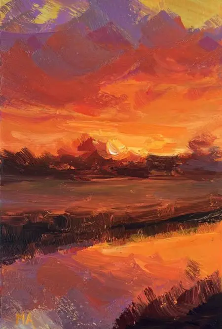 Marieke Ackerman, Reflectie Zonsondergang, 125 euro, Acrylic on panel in wooden frame, 10x15 cm