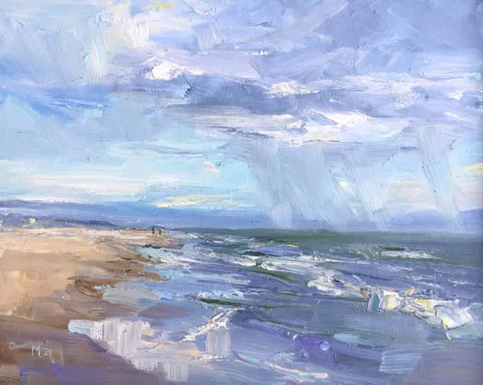 Marieke Ackerman, regen in de lucht, 425 euro, Oil on painting panel in wooden frame, 24x30 cm