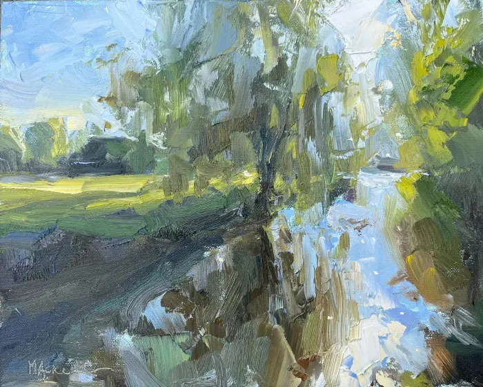 Marieke Ackerman, Treurwilg bij de watermolen, 425 euro, Oil on panel in wooden frame, 24x30 cm