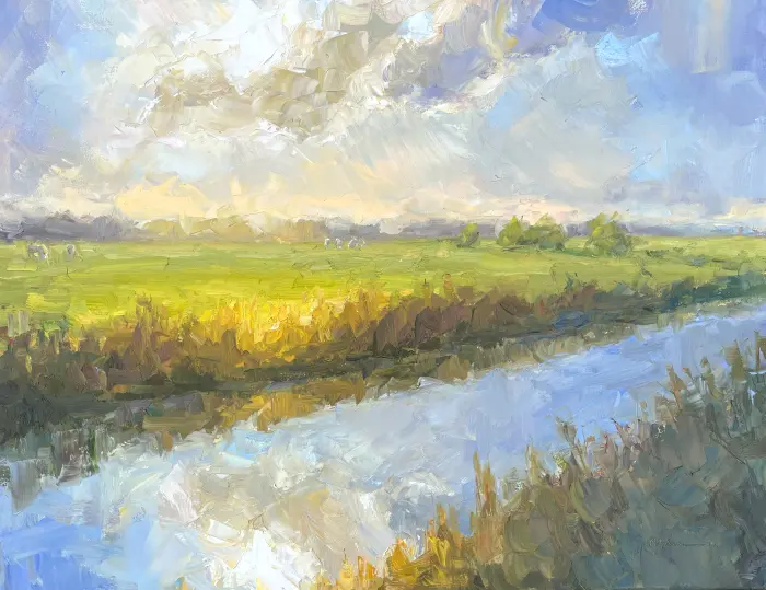 Marieke Ackerman, Utrechtse Heuvelrug verlicht, 1100 euro, Oil on canvas in natural wooden frame, 60x90 cm