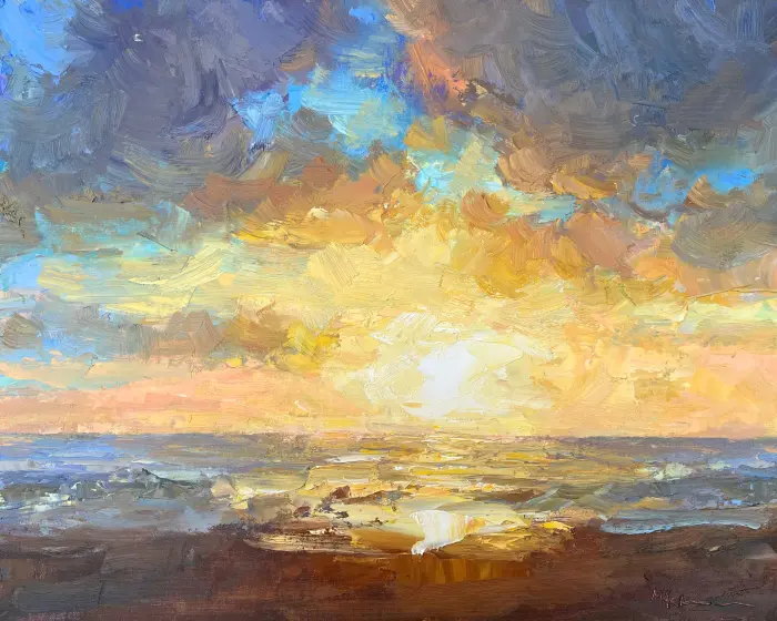 Marieke Ackerman, Verwarmende zonsondergang, 700 euro, Oil on panel in natural wooden frame, 40x50 cm