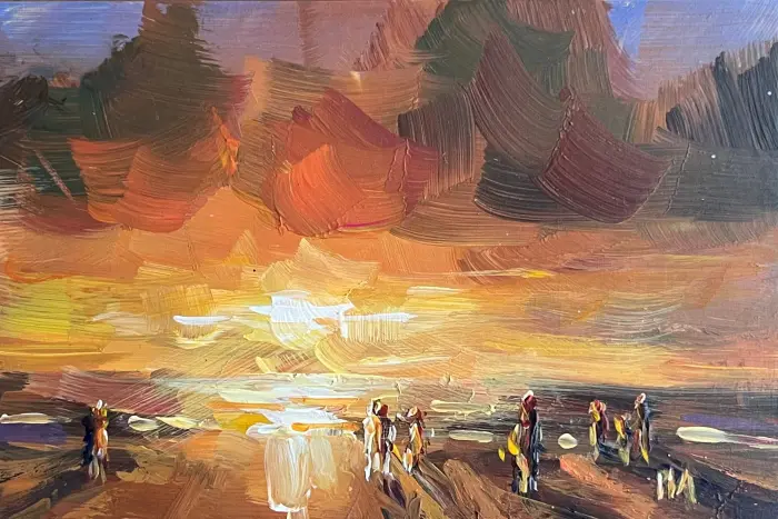 Marieke Ackerman, Warme zonsondergang, 125 euro, Acrylic on panel in wooden frame, 10x15 cm