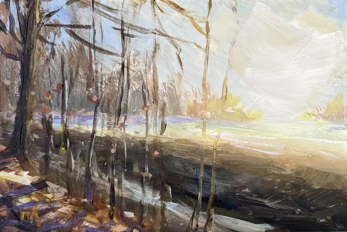 Marieke Ackerman, Winterlicht, 125 euro, Acrylic on panel in wooden frame, 10x15 cm