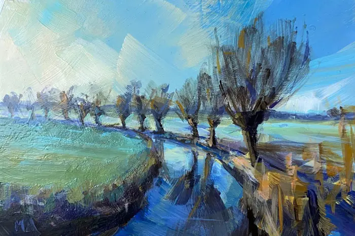Marieke Ackerman, Winterstudie refelctie knotwilgen, 100 euro, Acrylic on panel in wooden frame, 10x15 cm