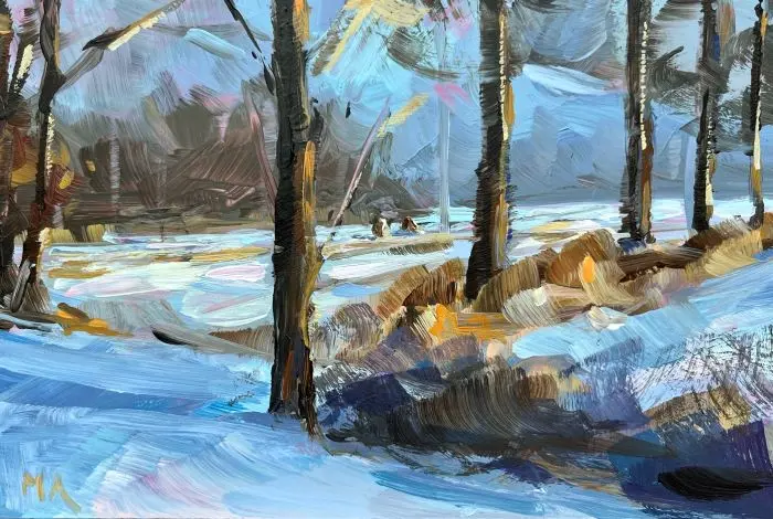 Marieke Ackerman, Winterstudie sneeuw, 100 euro, Acrylic on panel in wooden frame, 10x15 cm