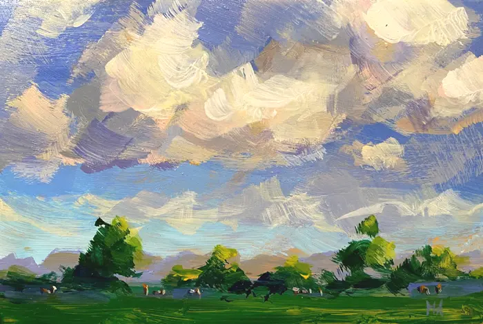 Marieke Ackerman, Wolken en koeien, 125 euro, Acrylic on panel in wooden frame, 10x15 cm