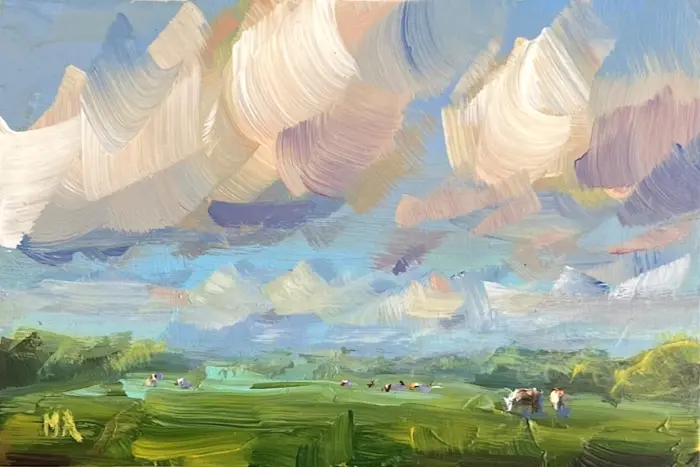 Marieke Ackerman, Wolken en koeien, 125 euro, Acrylic on panel in wooden frame, 10x15 cm