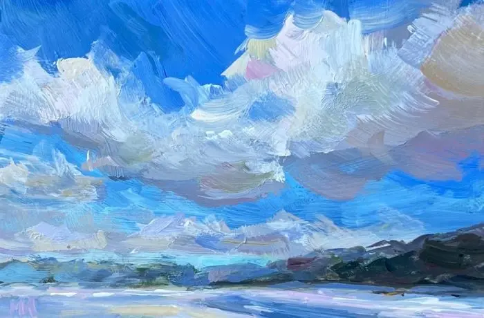 Marieke Ackerman, Wolken en sneeuw, 100 euro, Acrylic on panel in wooden frame, 10x15 cm