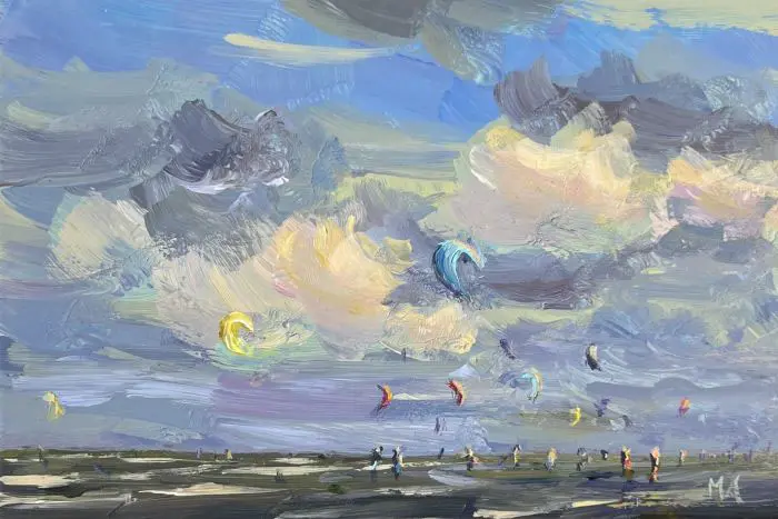 Marieke Ackerman, Wolken en wind, 100 euro, Acrylic on panel in wooden frame, 10x15 cm