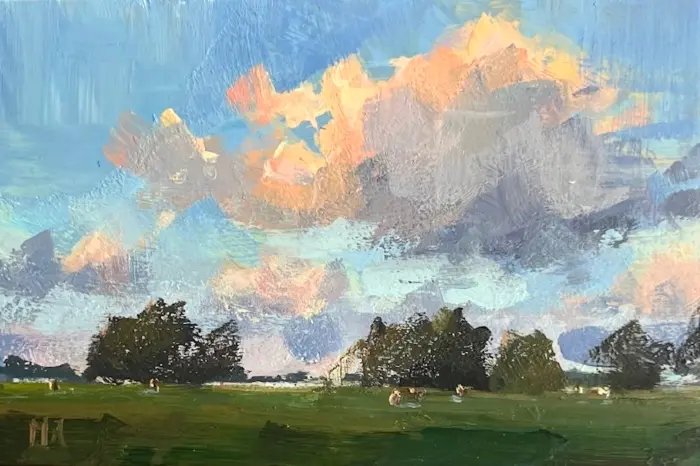 Marieke Ackerman, Wolken in de ochtend, 125 euro, Acrylic on panel in wooden frame, 10x15 cm