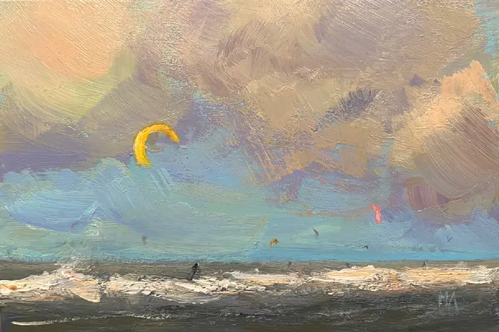 Marieke Ackerman, Wolken in pastel/kite, 125 euro, Acrylic on panel in wooden frame, 10x15 cm