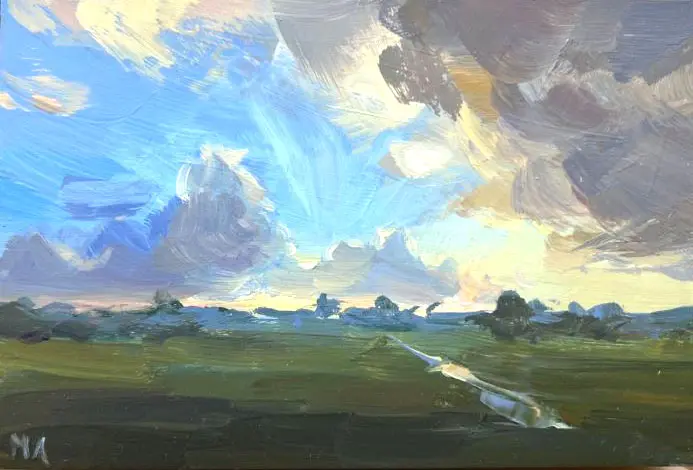 Marieke Ackerman, Wolkenstudie boven de weilanden, 100 euro, Acrylic on panel in wooden frame, 10x15 cm