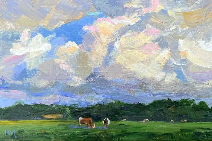 Marieke Ackerman, Wolkenstudie koeien, 100 euro, Acrylic on panel in wooden frame, 10x15 cm