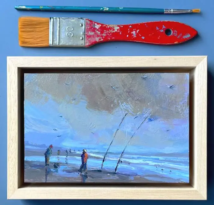 Marieke Ackerman, Wolkenstudie strand, 100 euro, Acrylic on panel in wooden frame, 10x15 cm