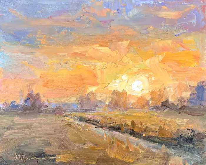 Marieke Ackerman, Zoete zonsondergang, 425 euro, Oil on panel in natural wooden frame, 24x30 cm