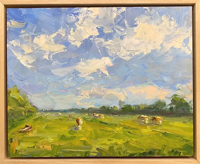 Marieke Ackerman, Zomerse koeien, 425 euro, Oil on panel in wooden frame, 24x30 cm