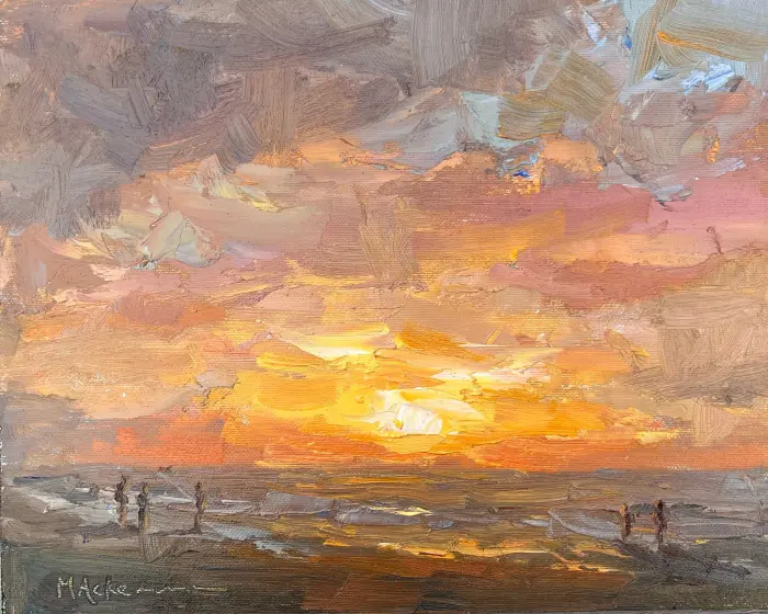 Marieke Ackerman, Zonsondergang, 425 euro, Oil on panel in natural wooden frame, 24x30 cm