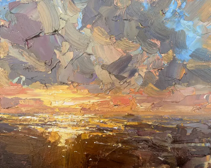 Marieke Ackerman, Zonsondergang p de wadden, 425 euro, Oil on panel in natural wooden frame, 24x30 cm