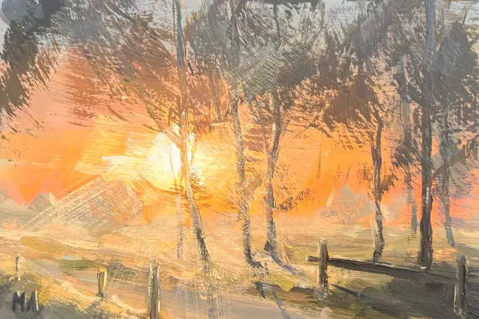 Marieke Ackerman, Zonsopgang, 125 euro, Acrylic on panel in wooden frame, 10x15 cm