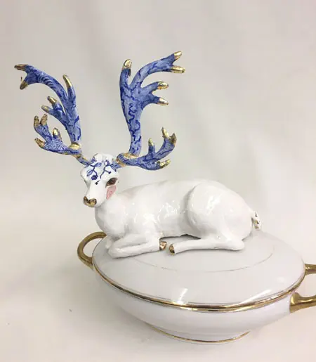 Marijke Janssen, Dear Deer, 595 euro, Ceramic with gold on vintage tureen, 35x24x30 cm