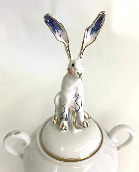Marijke Janssen, Easter hare on sugar pot, 250 euro, Ceramic on vintage sugar bowl, 15x25 cm