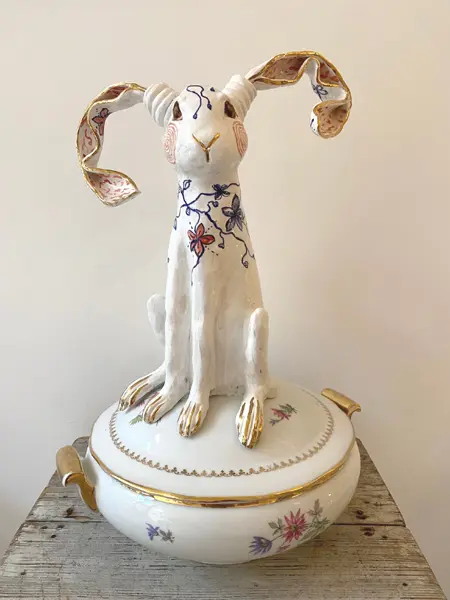 Marijke Janssen, Flower Power, 595 euro, Ceramic with gold on vintage tureen, 43x30x30 cm